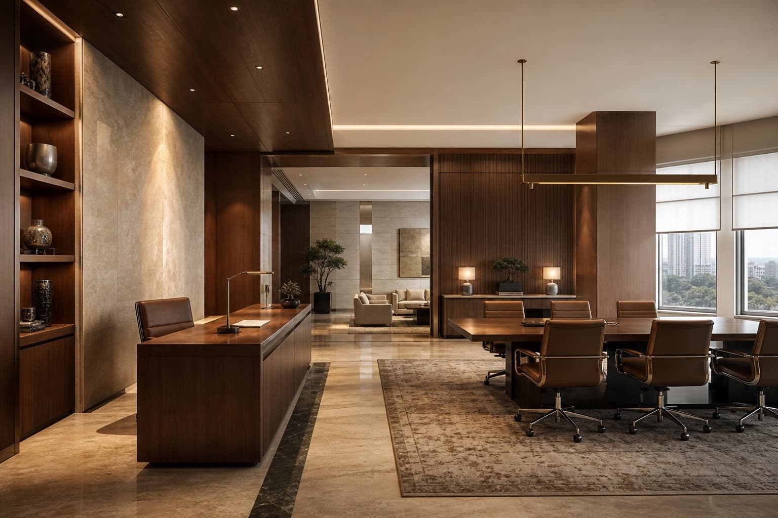 Illustrative architectural view of a formal executive office with walnut panelling and stone finishes