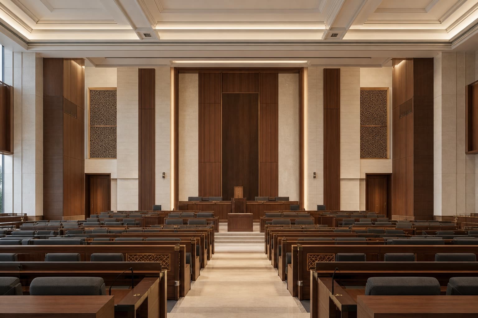 Illustrative architectural view of a formal assembly chamber with timber joinery and stone finishes